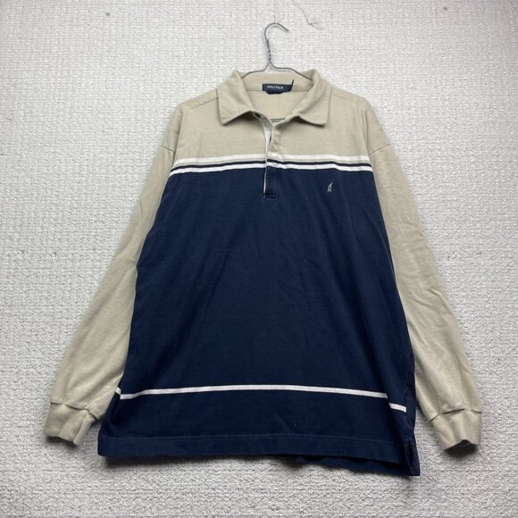 Nautica Blue Sail XL Mens Striped Long Sleeve Rugby Polo Shirt Color Block - Picture 1 of 12